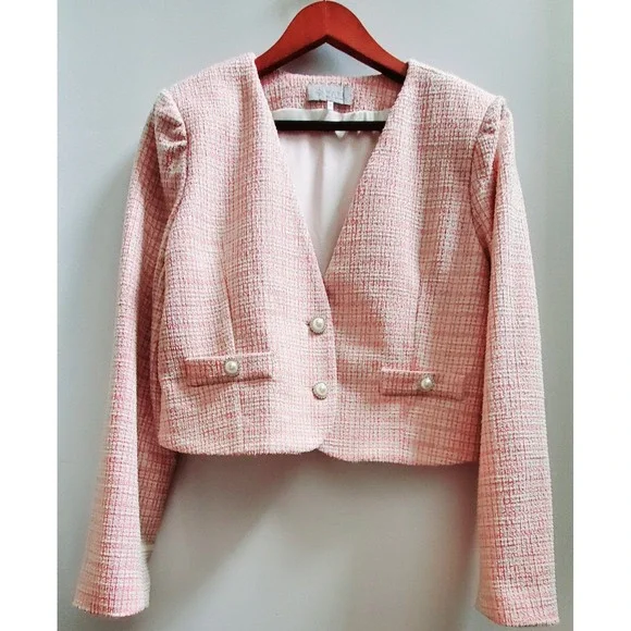 WAYF Blazer M Calling Elle Woods Boucle Check Pearl Rhinestone Button Pink/Gold - Picture 1 of 11